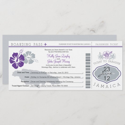 ジャマイカへの結婚式の搭乗券 招待状 (正面/裏面)