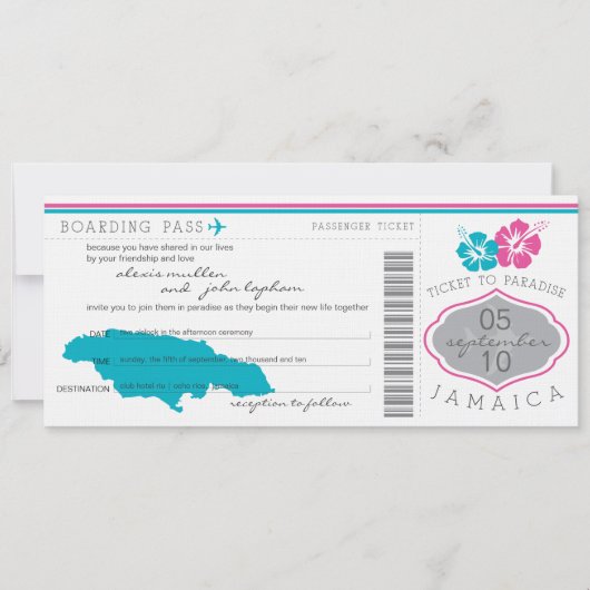 ジャマイカへの結婚式招待状 - 搭乗券 招待状 (正面)