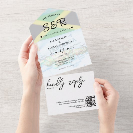 ジャマイカアイランドジャマイカ国旗の目的地の結婚式 オールインワン招待状 (貼ってはがせる)