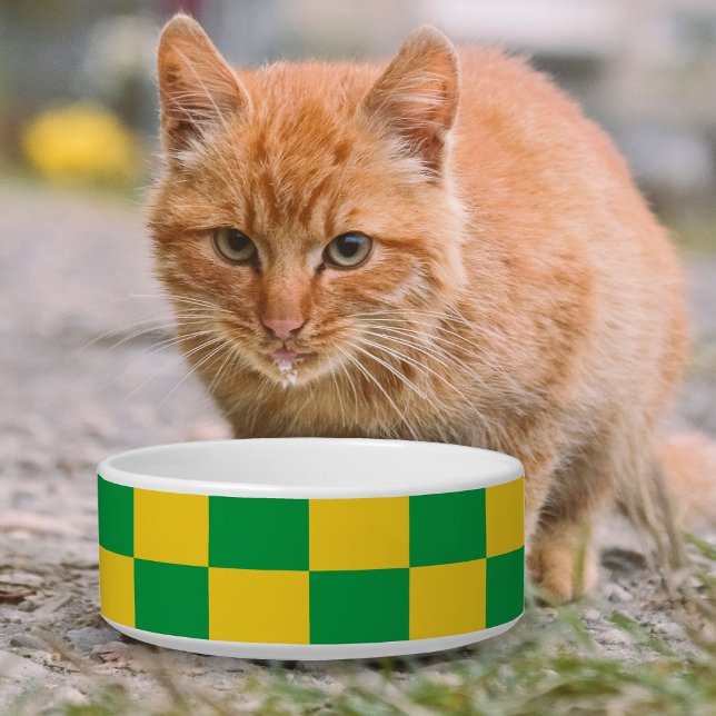 ジャマイカカラーズグリーン金ゴールドスクエアジャマイカパターン ボウル (Jamaica Colors Green Gold Square Jamaican Pattern Bowl (orange cat))