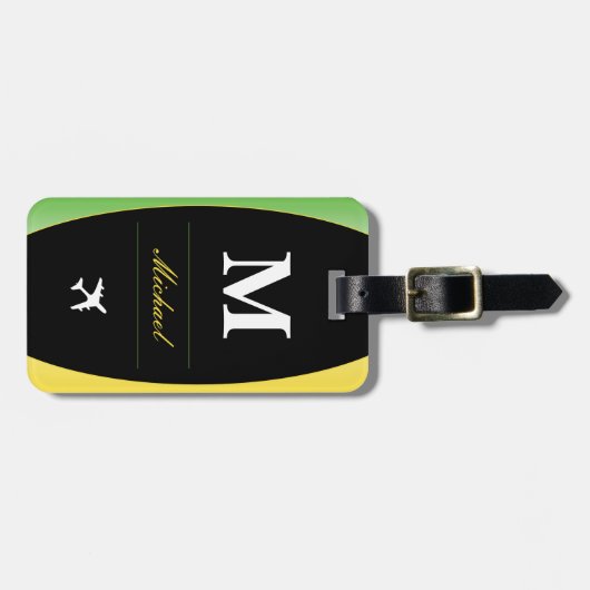 ジャマイカカラーズグリーン金ゴールド名カリブのモノグラム ラゲッジタグ (正面横)