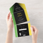 ジャマイカグリーンブラック&金ゴールドジャマイモダンカ オールインワン招待状 (貼ってはがせる)