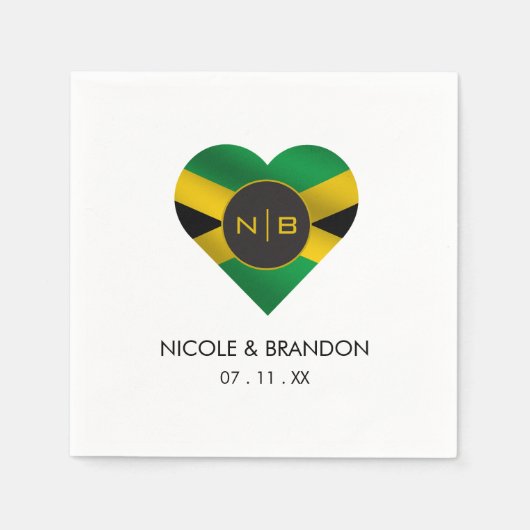 ジャマイカジャマイカ国旗ハートモノグラム結婚ズ スタンダードカクテルナプキン (正面)