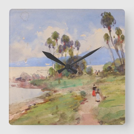 ジャマイカファインアート水彩熱帯風景 スクエア壁時計 (正面)
