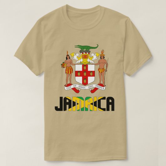 ジャマイカ国旗と紋章愛国的なコート Tシャツ (デザイン正面)