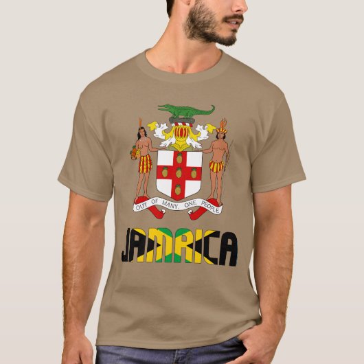 ジャマイカ国旗と紋章愛国的なコート Tシャツ (正面)