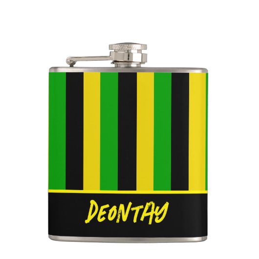 ジャマイカ国旗の色のストライプ付いた名前の追加 フラスク (正面)