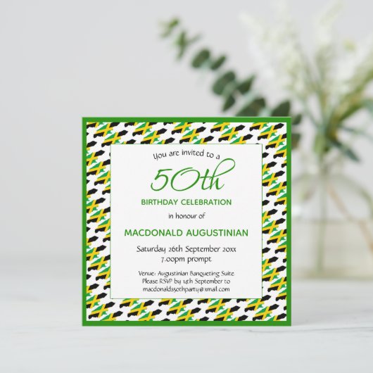 ジャマイカ国旗パーソナライズされた国50誕生日 招待状 (スタンド正面)