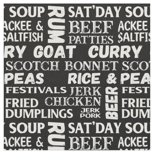 ジャマイカ料理タイポグラフィ白黒パターン ファブリック (クローズアップ)