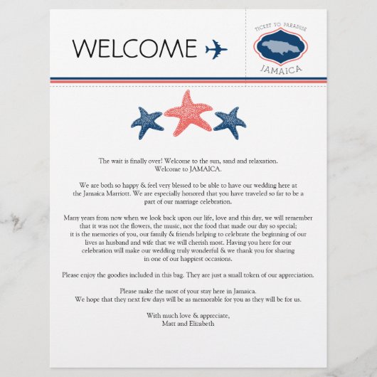 ジャマイカ結婚向けスターフィッシュ歓迎レター (正面)