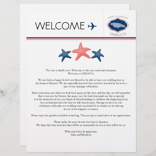 ジャマイカ結婚向けスターフィッシュ歓迎レター (正面/裏面)
