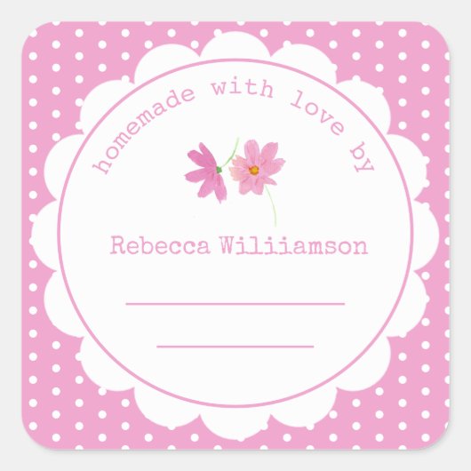ジャムパーソナライズされた缶詰 |自家製ピンク水玉模様 スクエアシール (正面)