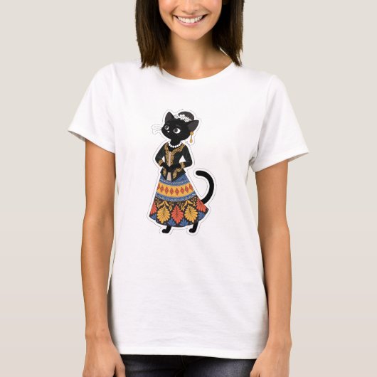 ジャワ風ブラックキャット伝統的なケバヤ姿 Tシャツ (正面)
