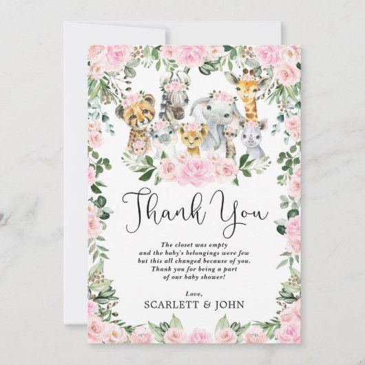 ジャンかわいらしグルの野生動物、ピンクのフローラの女の子 サンキューカード (正面)