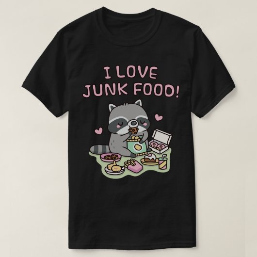 ジャンクフードが大好き可愛い太ったタヌキおもしろい Tシャツ (デザイン正面)