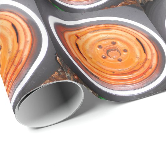 ジャンクヤードヴィンテージホイール、オレンジ色の白黒 ラッピングペーパー (ロールコーナー)