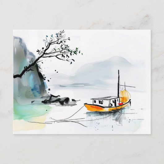 ジャンク中国のセーリングが穏やかな海に ポストカード (正面)