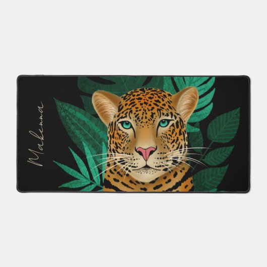 ジャングかわいらしルレオパードフローラアート |黒|名前 デスクマット (正面)