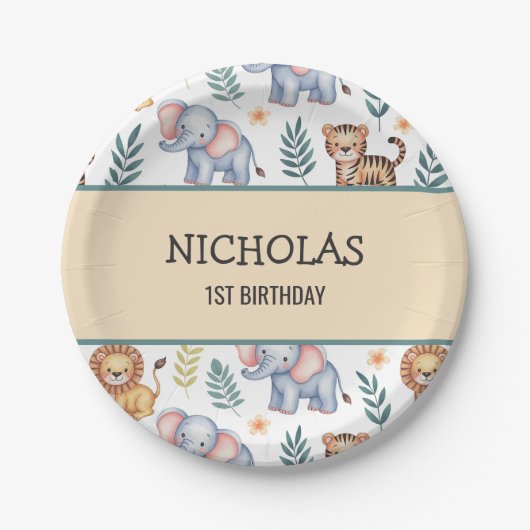 ジャングパーソナライズされたルサファリ動物の水色 ペーパープレート (正面)