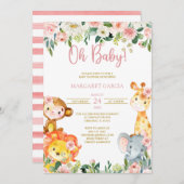 ジャングルああベビーガールサファリ動物ベビーシャワー請求書 招待状 (正面/裏面)