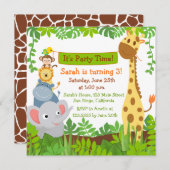 ジャングルおもしろい動物バースデーパーティ招待状 招待状 (正面/裏面)