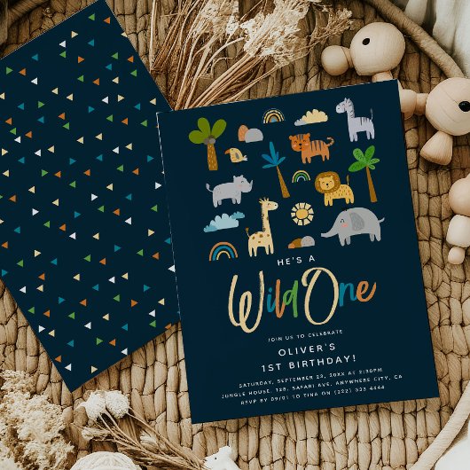 ジャングルおもしろい誕生日獣 – 1歳の誕生日 招待状