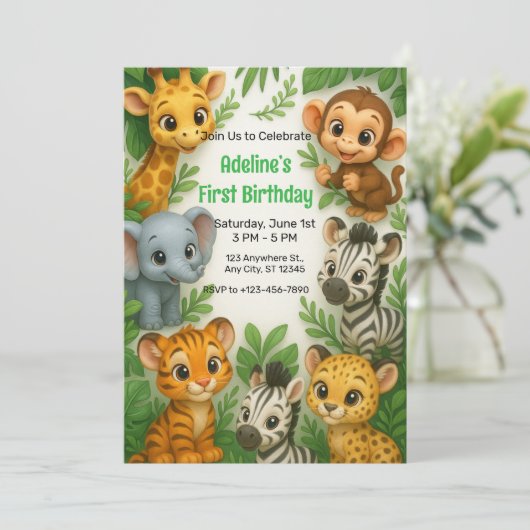 ジャングルお洒落ングルアニマルワイルドワン誕生日 招待状 (スタンド正面)