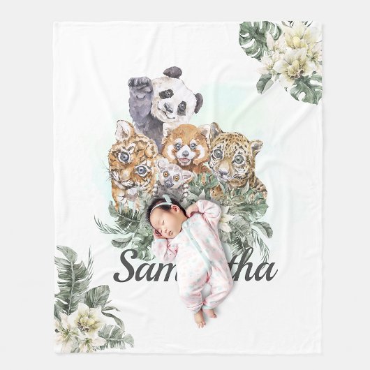 ジャングルかわいい動物モノグラム熱帯緑 フリースブランケット