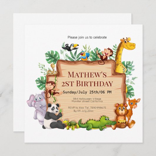 ジャングルかわいらしと野生動物lキリン誕生日 招待状 (正面/裏面)