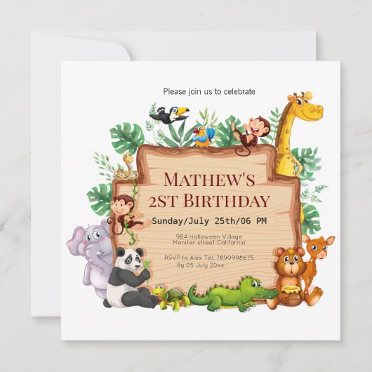 ジャングルかわいらしと野生動物lキリン誕生日 招待状 (正面)