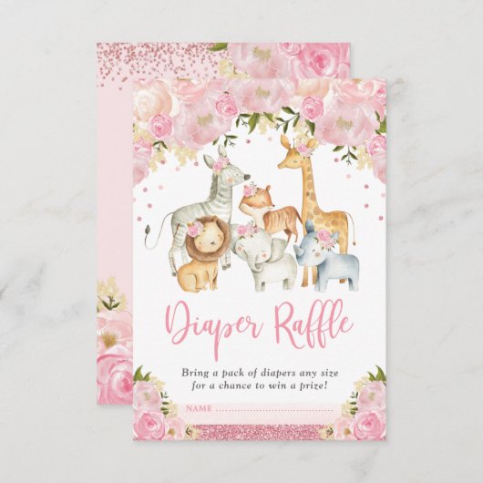 ジャングルかわいらしサファリ赤面フローラおむつラッフル エンクロージャーカード (正面/裏面)