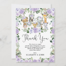 ジャングルかわいらし野生動物パープルフローラベビーガール サンキューカード