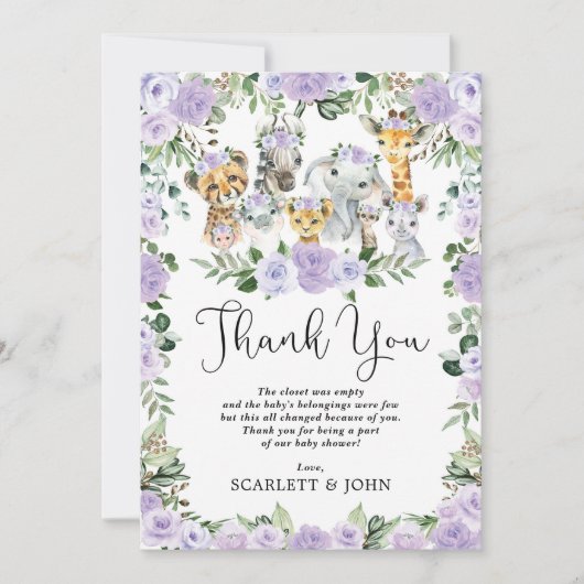 ジャングルかわいらし野生動物パープルフローラベビーガール サンキューカード (正面)
