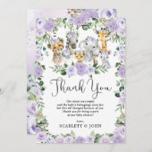 ジャングルかわいらし野生動物パープルフローラベビーガール サンキューカード (正面/裏面)
