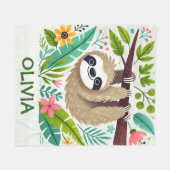 ジャングルつるの木からかわいいナマケモノ フリースブランケット (正面(横))