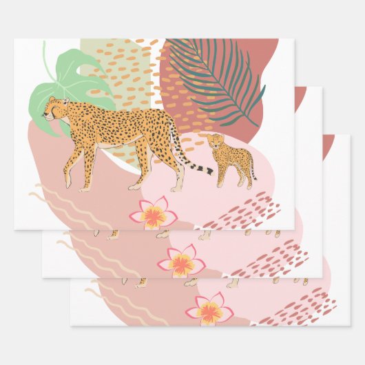 ジャングルでヒョウのママとベビー ラッピングペーパーシート (セット)