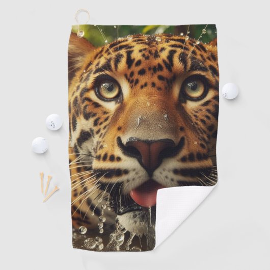 ジャングルで水をラッピングしながらヒョウが動く ゴルフタオル (インサイチュ)
