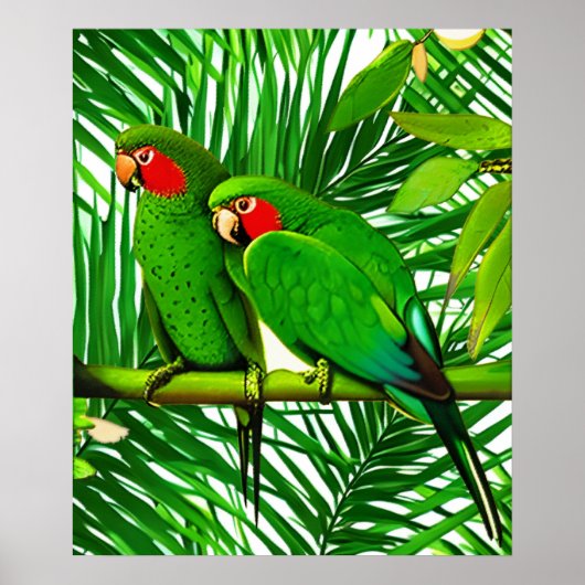 ジャングルに佇む緑のインコのカップル ポスター (正面)
