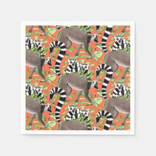 ジャングルに生息するリングや輪の尾を持つマダガスカルのレムルス スタンダードカクテルナプキン (正面)