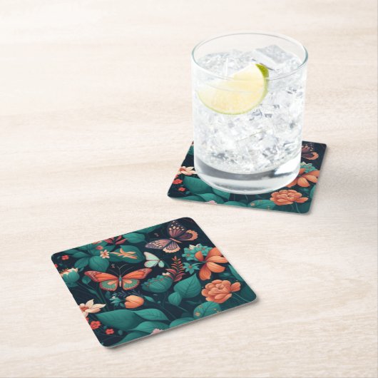 ジャングルに美しい花と蝶がたくさんいる スクエアペーパーコースター (インサイチュ)
