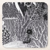 ジャングルに黒ヒョウ – 鉛筆スケッチ スクエアペーパーコースター (正面)