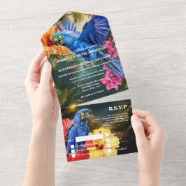 ジャングルのオウムの熱帯花の森 オールインワン招待状