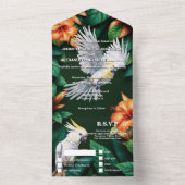 ジャングルのオウム・オウム・ハイビスカス・モンステラの葉 オールインワン招待状 (内側)