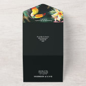 ジャングルのカラフルなオオハナドリの水彩画、フランジーパニ、モンステラ オールインワン招待状 (外側)