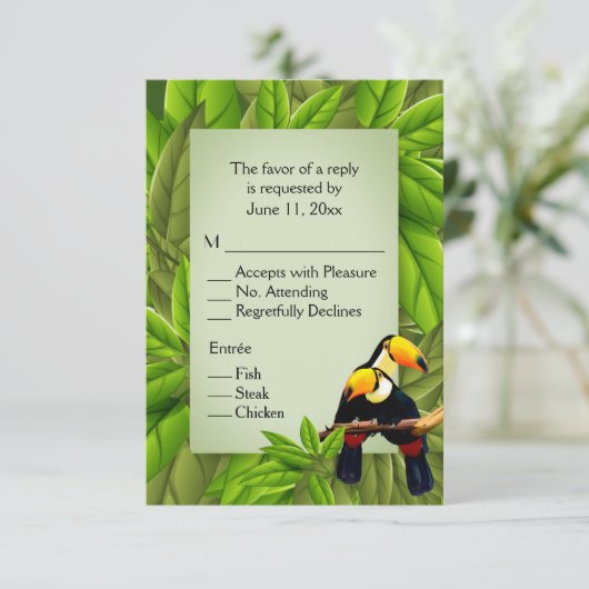 ジャングルのカラフルな鳥、トコトコウテンチョウの出欠返信と食事の選択 招待状 (スタンド正面)