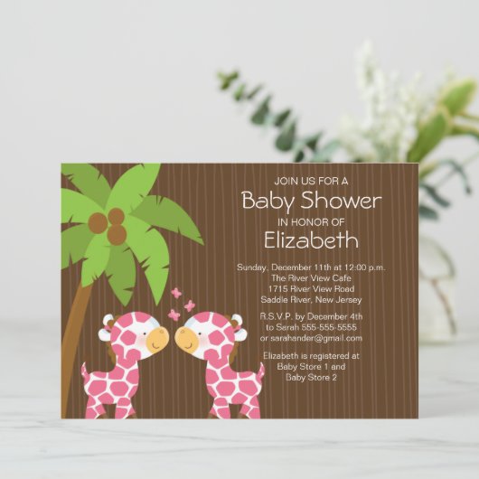 ジャングルのキリンの双生児の女の子のベビーシャワーの招待状 招待状 (スタンド正面)