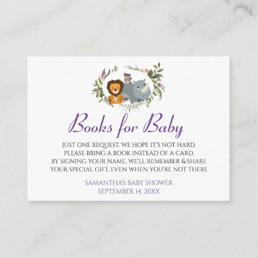 ジャングルのサファリでブックカードを持ち込むベビーシャワー エンクロージャーカード (正面)