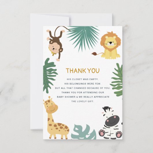 ジャングルのサファリのベビーシャワーサンキューカード サンキューカード (正面)