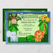 ジャングルのテーマの第2誕生日 招待状 (正面/裏面)