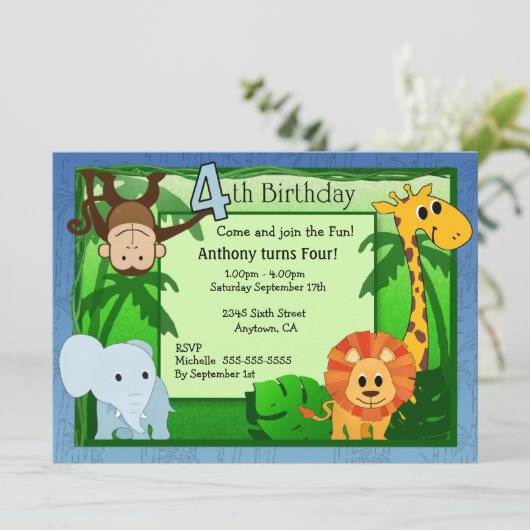 ジャングルのテーマの第4誕生日の招待状 招待状 (スタンド正面)